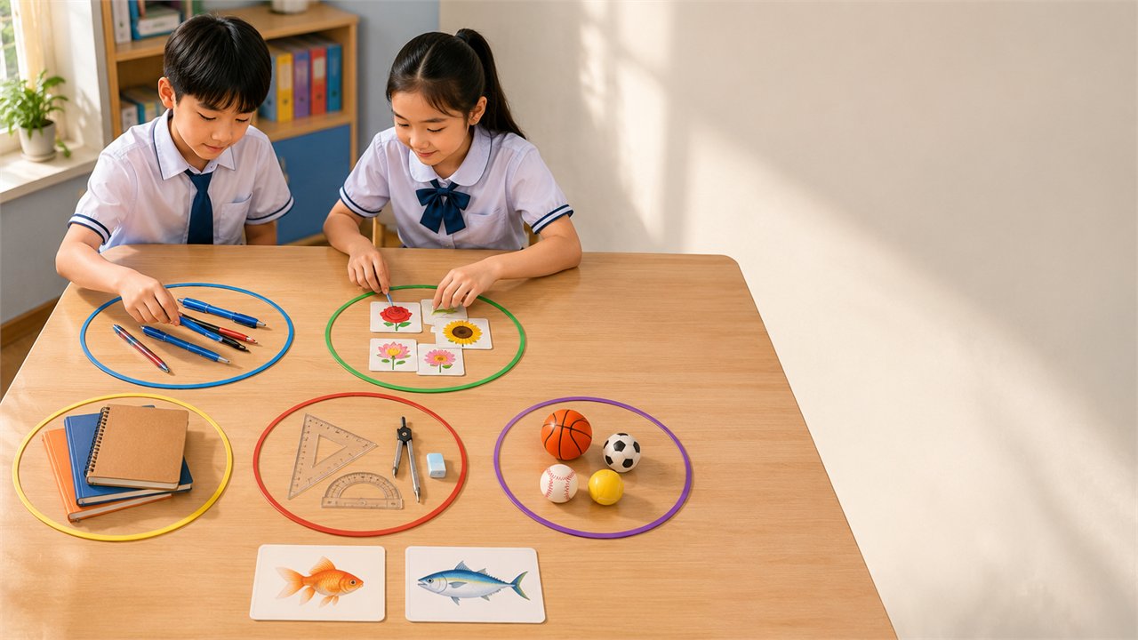 Hai học sinh sắp xếp bút, thẻ hoa, sách vở, dụng cụ học tập và bóng vào các vòng màu.